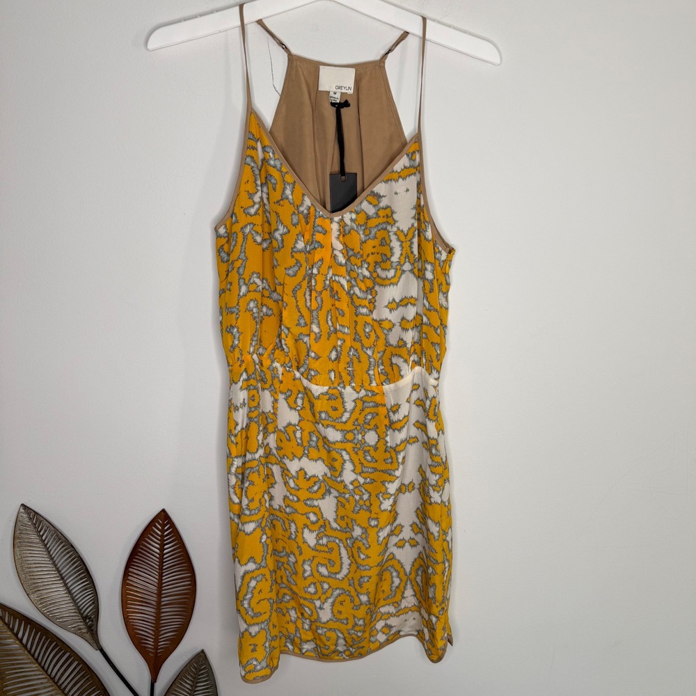 A22 Greylin Yellow Grey Abstract Print Mini Dress V-Neck Adjustable Straps M NWT